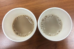 Example of the color difference and presence of actual spices in Torani Tradition Chai (left) versus the current category leader (right)