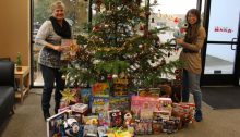 Annette Kramer and Jenny Johnston prepare to deliver the donated toys/gifts to the Les Schwab Toy Drive. December 2016.